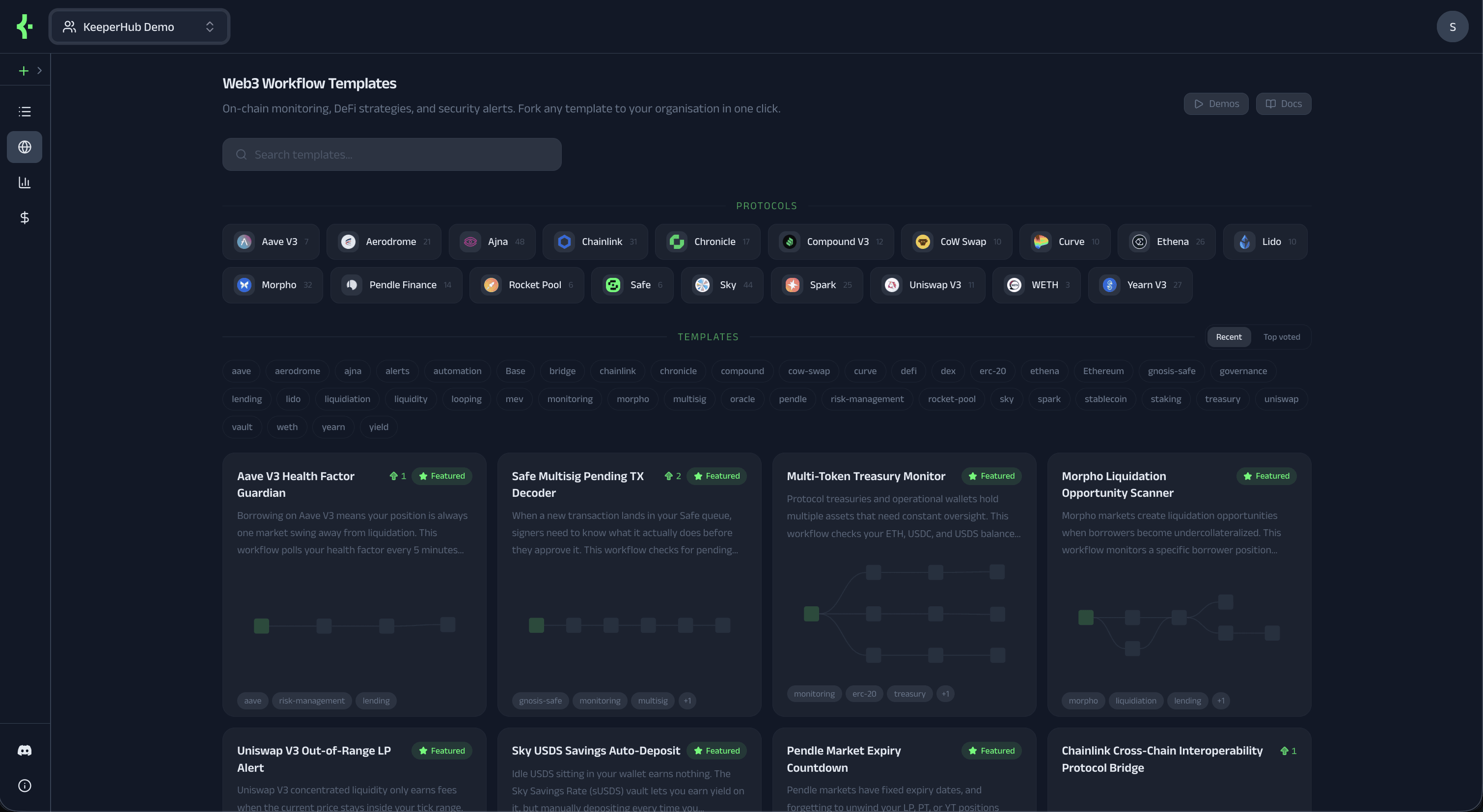 KeeperHub Hub showing a catalog of callable workflow strategies