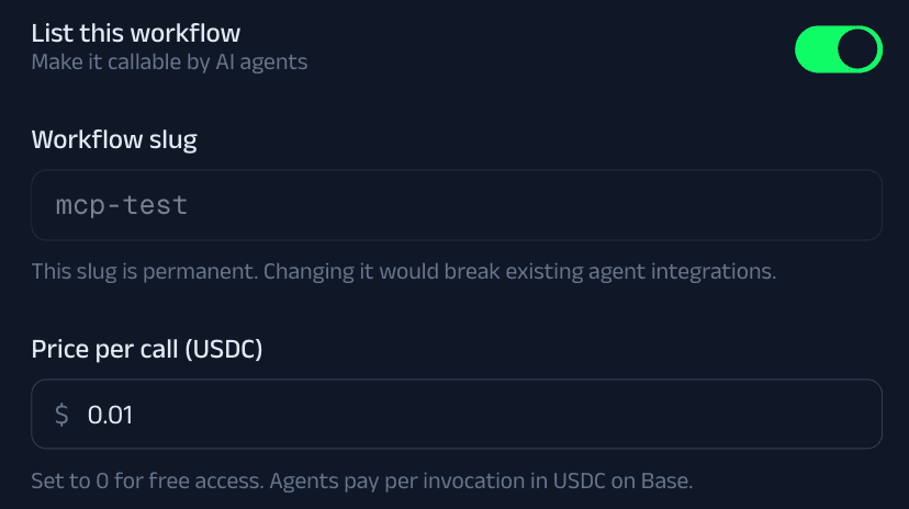 KeeperHub workflow listing dialog showing price per execution and visibility controls