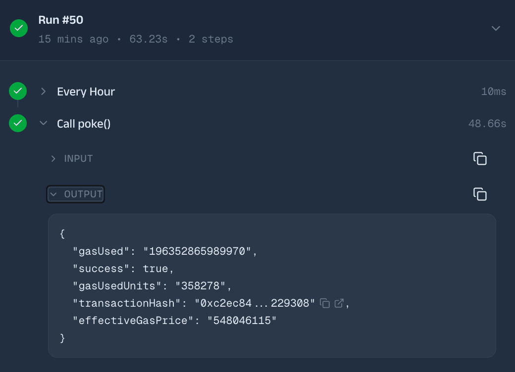 KeeperHub execution detail pane showing full run metadata